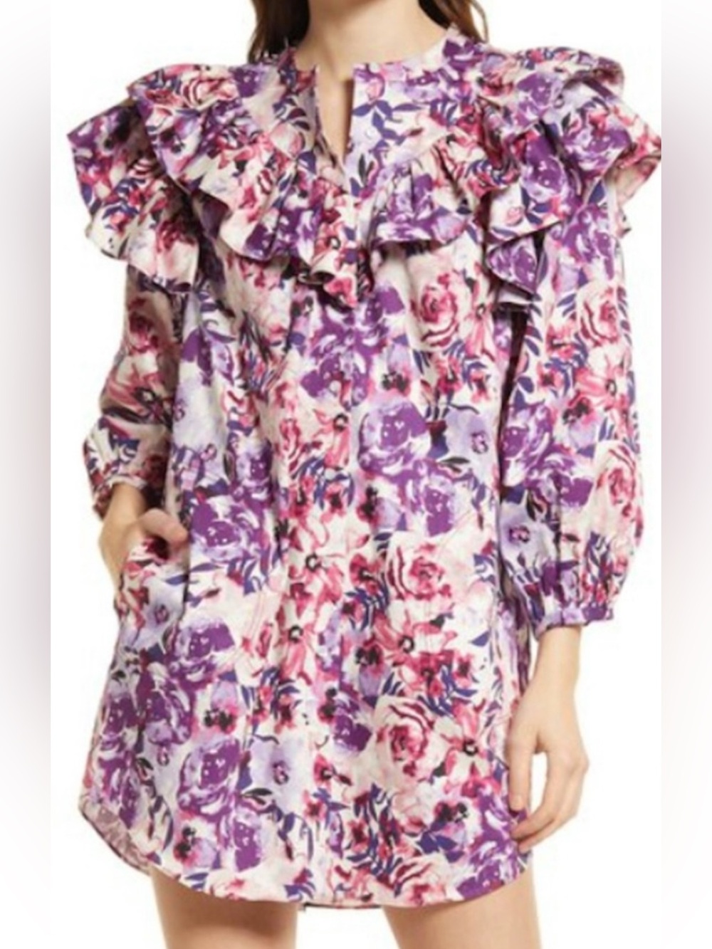Something Navy Floral Cotton Ruffle Shirt Dress Button Front High-Low Size M NWT